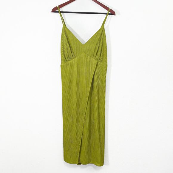 Lulu's Dresses & Skirts - Lulus Dress Garden Glam Olive Green Pleated Midi Satin Sheen Tie Back Size L